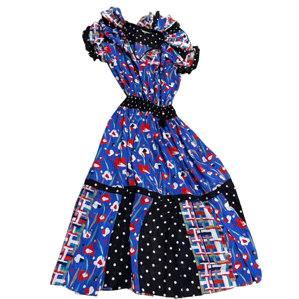 Diane Freis Vintage 80s Mixed Print Floral Polka Dot Georgette Midi Dress s m